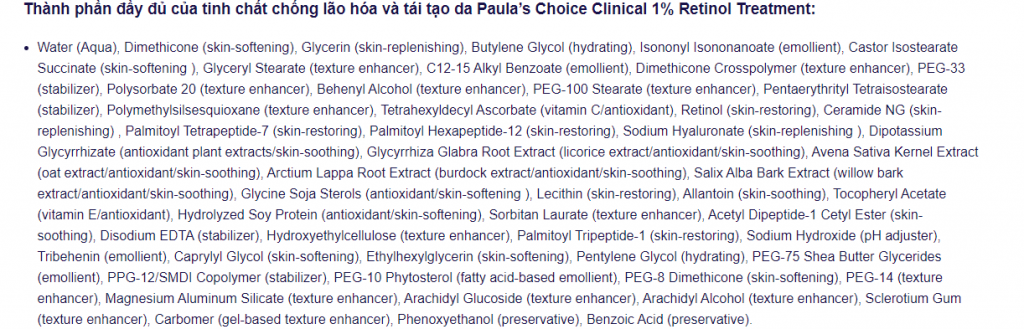 thành phần tinh chất retinol Paula’s Choice Clinical 0,5-1%